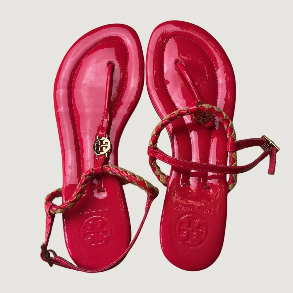 Tory Burch Miller Braided Pink Patent Leather Thong Ankle Strap Sandals 6M